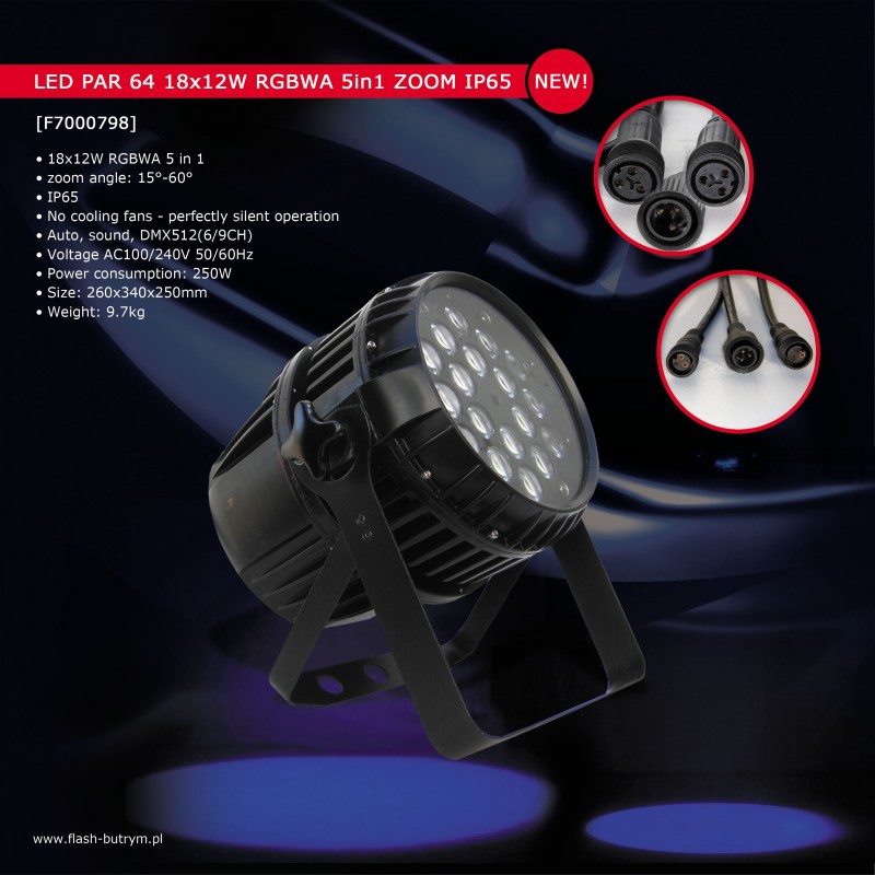 Prožektorius LED PAR 64 18x12W RGBW 4in1 ZOOM IP65