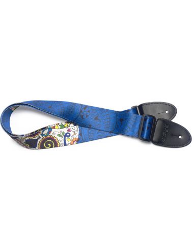 Stagg Blue terylene guitar strap with big Mexican skull pattern