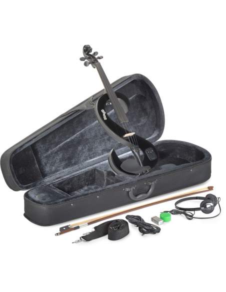 4/4 electric violin set with S-shaped black electric violin, soft case and headphones