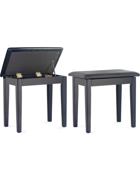 Matt black piano bench with black vinyl top and storage compartment