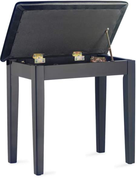 Matt black piano bench with black vinyl top and storage compartment