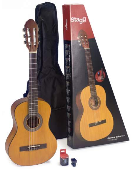 Guitar pack with 3/4 natural-coloured classical guitar with linden top, tuner, bag and colour box