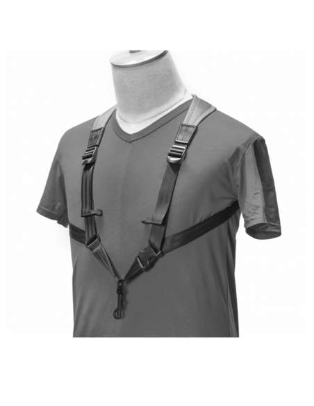 Junior fully-adjustable saxophone harness with soft shoulder padding, silver