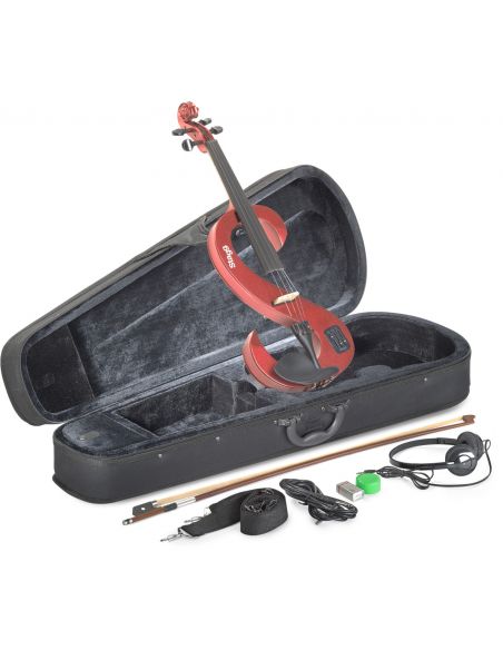 4/4 electric violin set with S-shaped metallic red electric violin, soft case and headphones