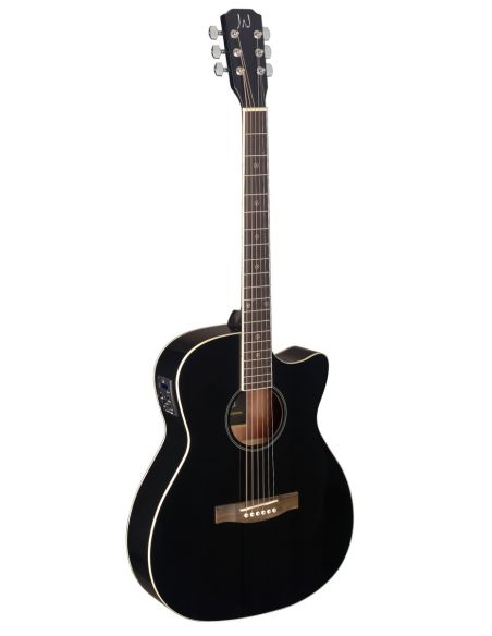Black acoustic-electric auditorium guitar with solid spruce top, Bessie series