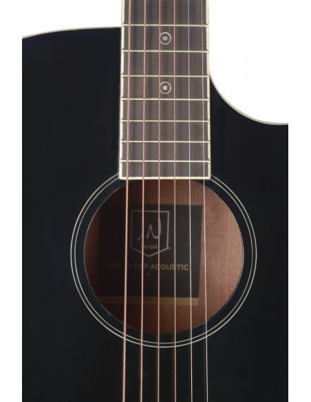 Black acoustic-electric auditorium guitar with solid spruce top, Bessie series