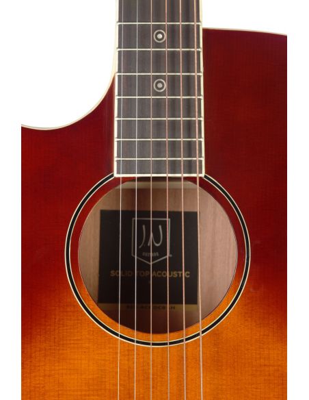 Dark cherryburst acoustic-electric auditorium guitar with solid spruce top, left-handed, Bessie