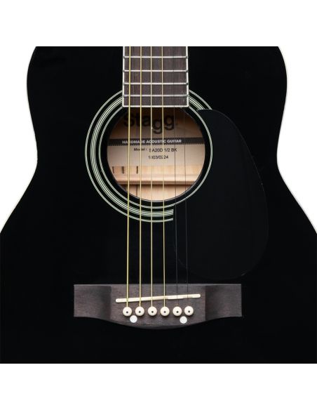 Black dreadnought acoustic guitar with basswood top, left-handed model