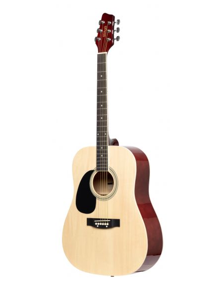 Natural dreadnought acoustic guitar with basswood top, left-handed model