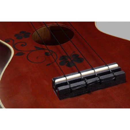 Traditional soprano ukulele with flower design, in black nylon gigbag