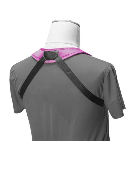 Junior fully-adjustable saxophone harness with soft shoulder padding, magenta