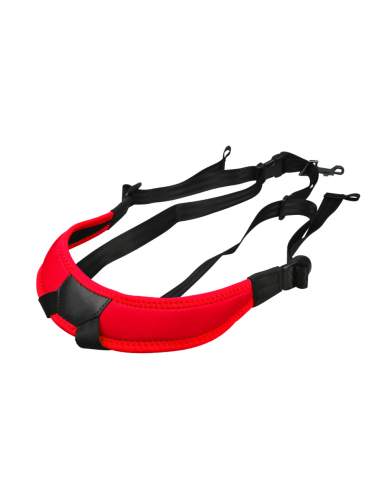 Junior fully-adjustable saxophone harness with soft shoulder padding, red