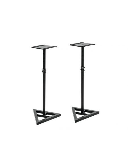 Two steel studio monitor stands, height-adjustable, with tiltable plate