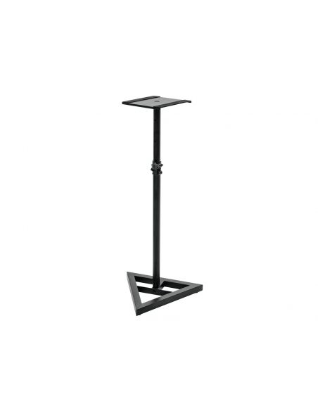 Two steel studio monitor stands, height-adjustable, with tiltable plate