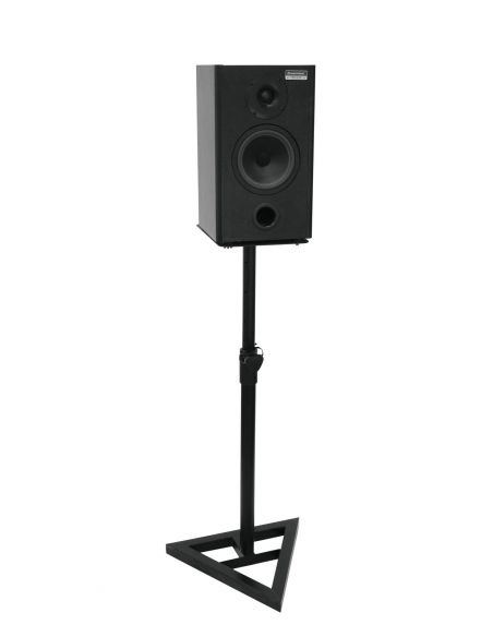 Two steel studio monitor stands, height-adjustable, with tiltable plate