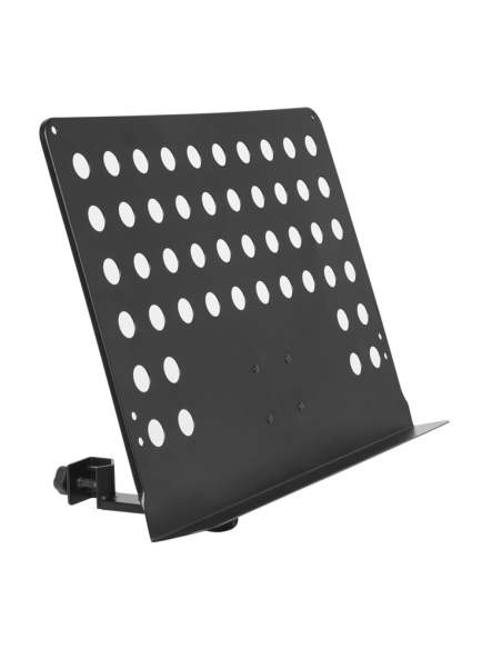 Large perforated music stand plate with attachable holder arm