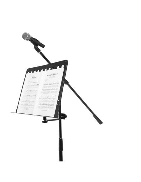 Large perforated music stand plate with attachable holder arm