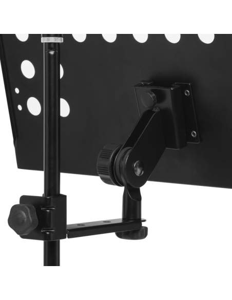 Large perforated music stand plate with attachable holder arm