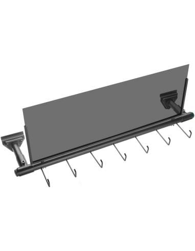 Black iron slatwall display for straps with 7 hooks and 1 frame for signboard